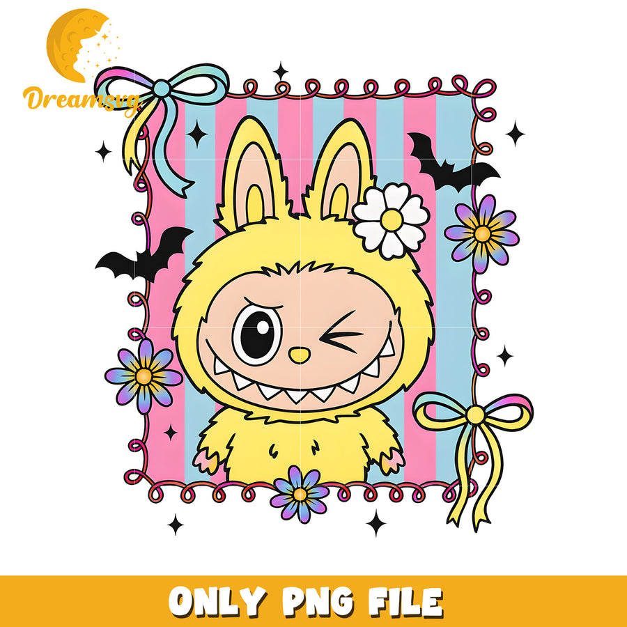 Yellow labubu picture frame png, funny labubu png, labubu cartoons png