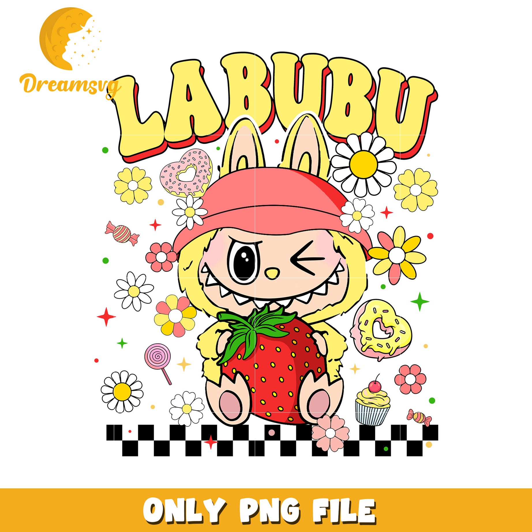 Yellow labubu strawberry png, labubu clothes​ png, labubu macaron png