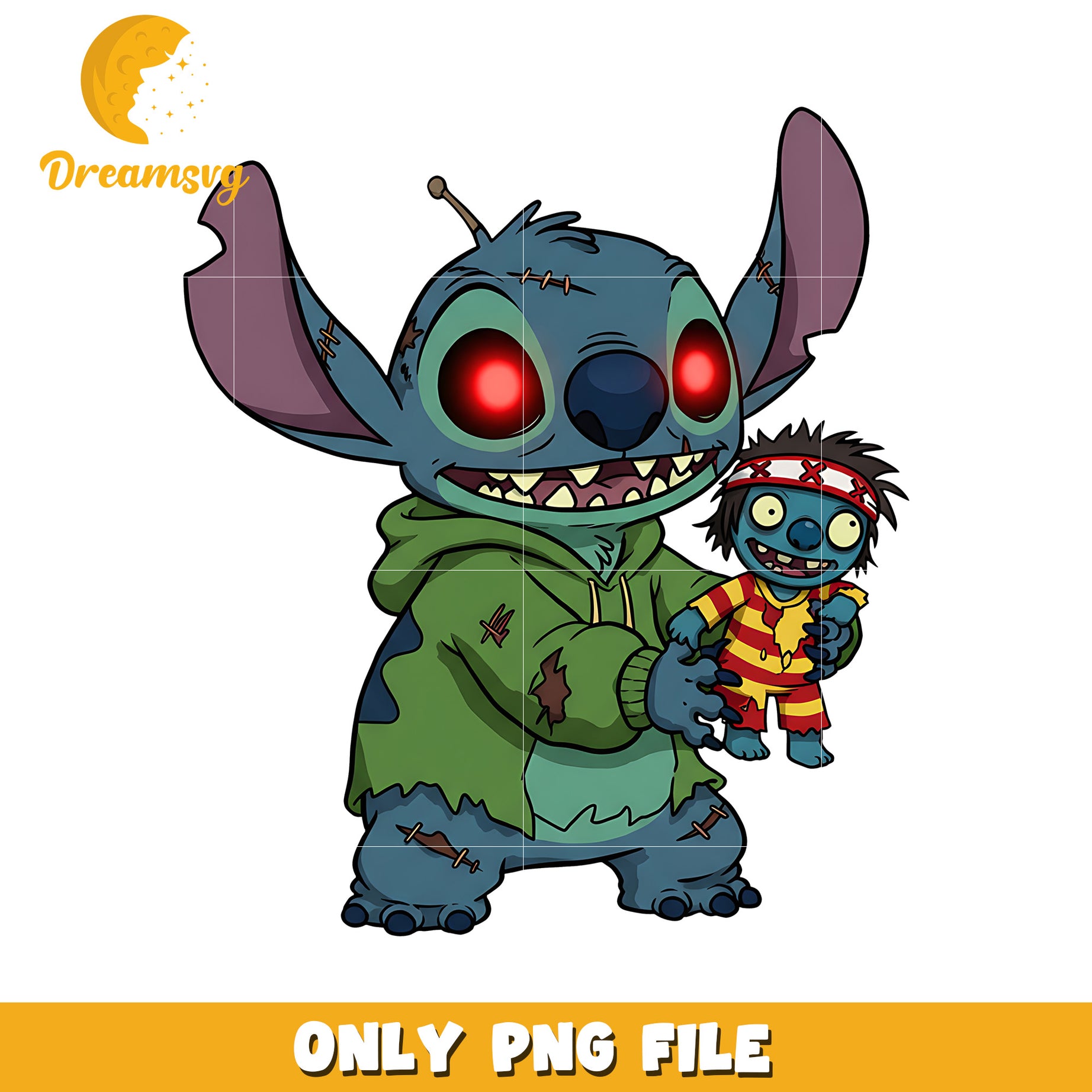 Zombie and doll stitch png, spirit halloween png, halloween stitch png