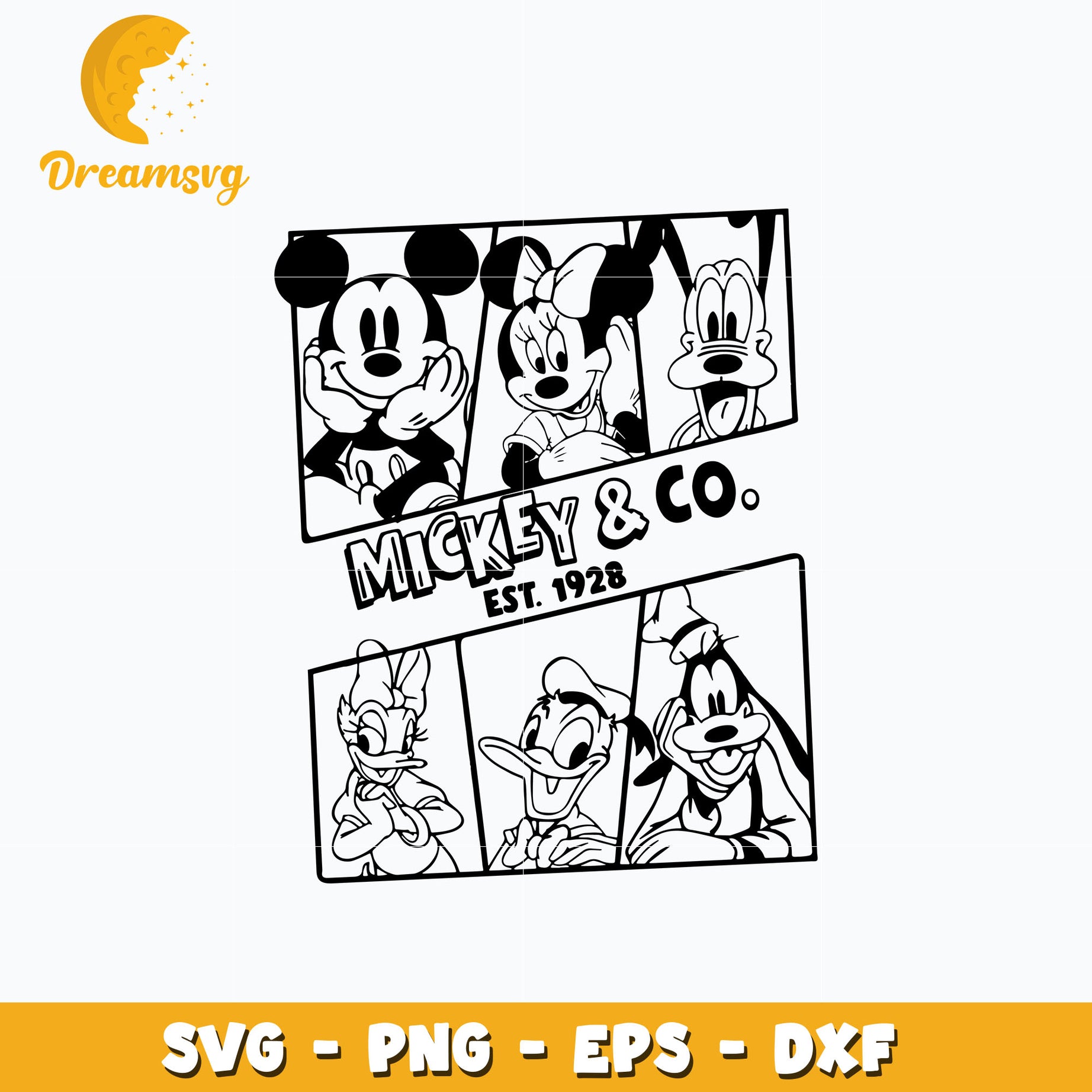 Mickey and co est 1928 black white design svg