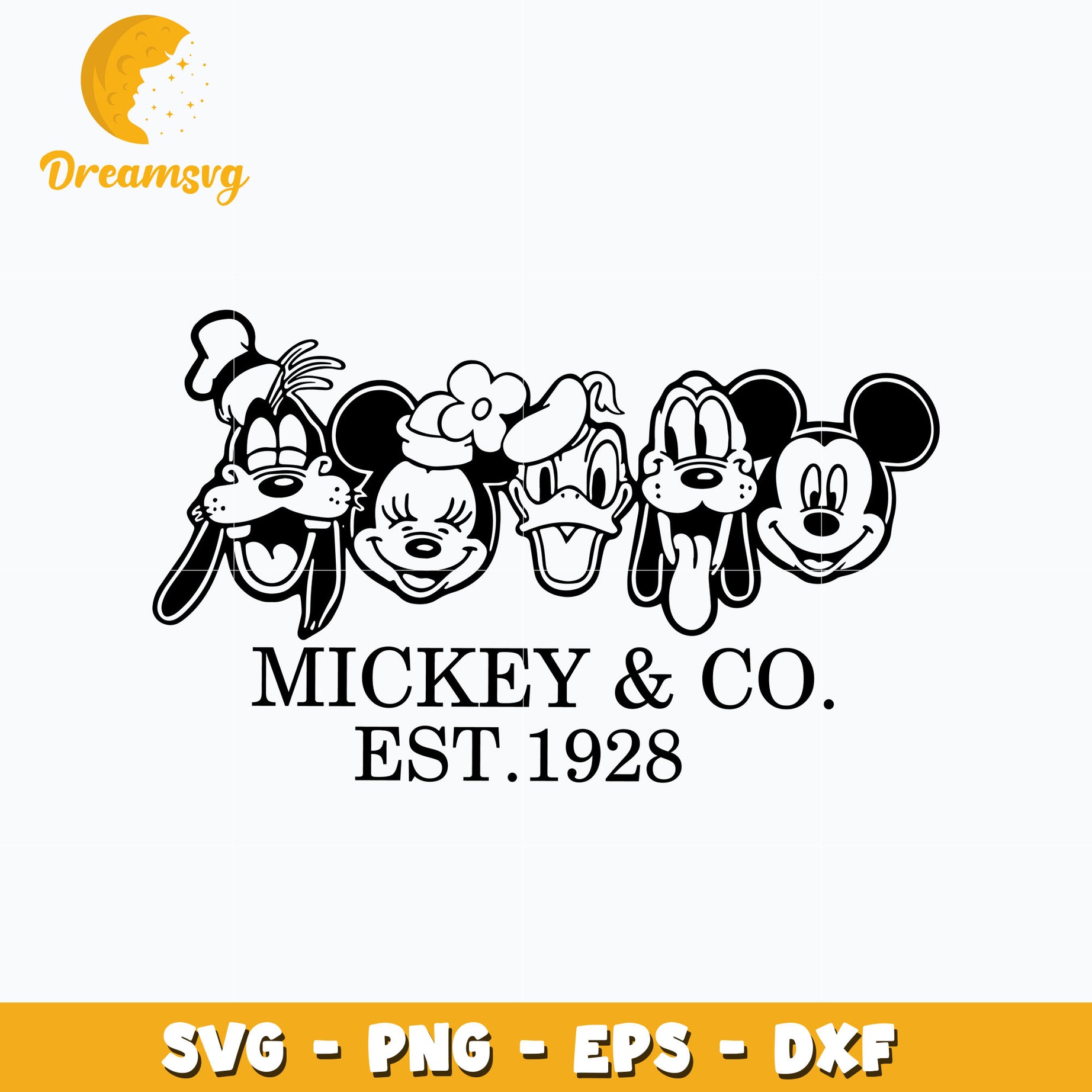 Mickey and co est 1928 design svg, mickey and friends head svg