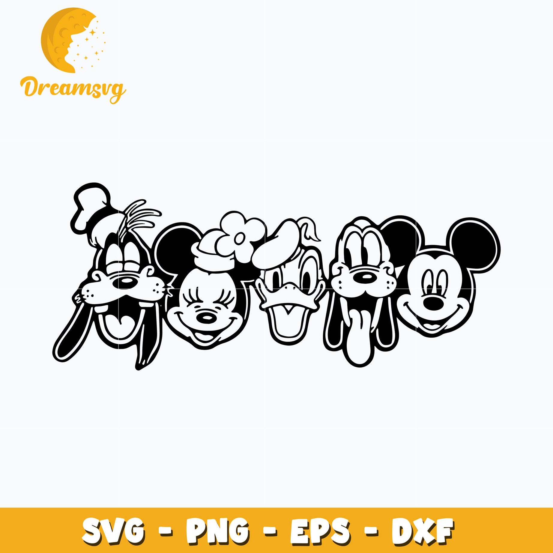 mickey and friends head black white svg