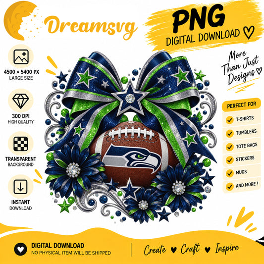 Seattle Seahawks Coquette Bow Glitter Floral Football PNG