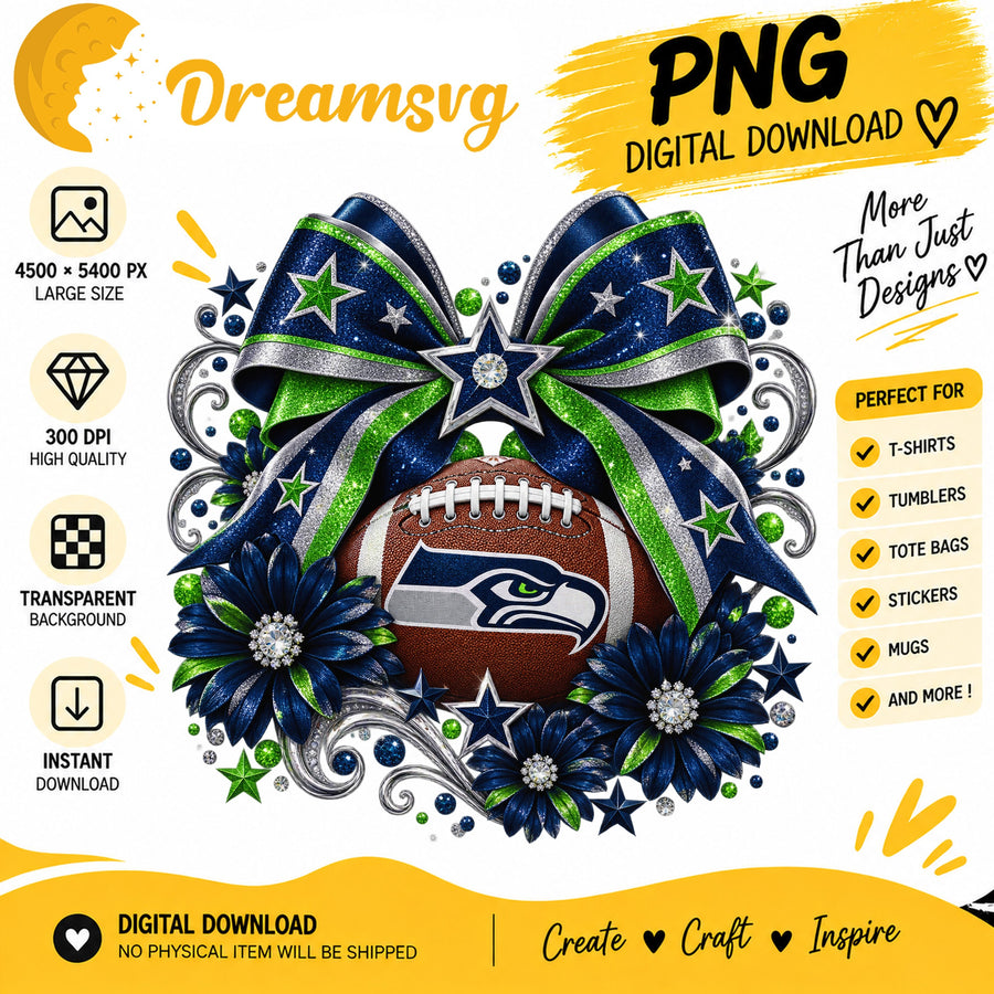 Seattle Seahawks Coquette Bow Glitter Floral Football PNG