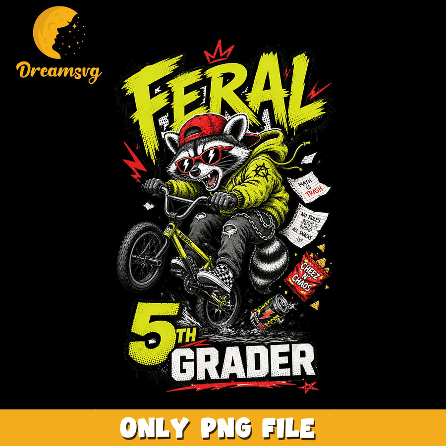Feral 5th Grader Raccoon Riding BMX PNG, Back To School, Kids PNG