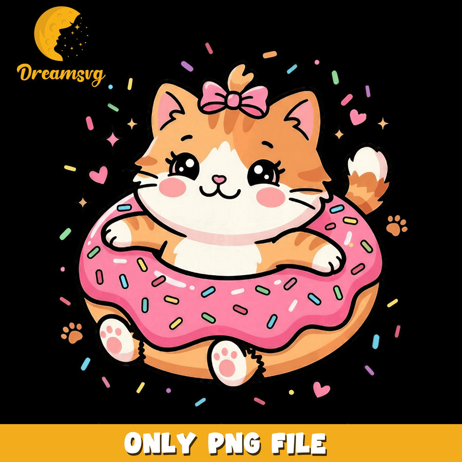 Cute Cat Donut Sprinkles Kawaii PNG, Kitty Pink Bow, Clipart PNG