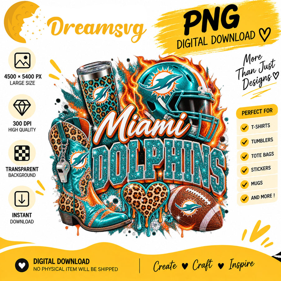 Miami Dolphins Glitter Leopard Football Sublimation PNG