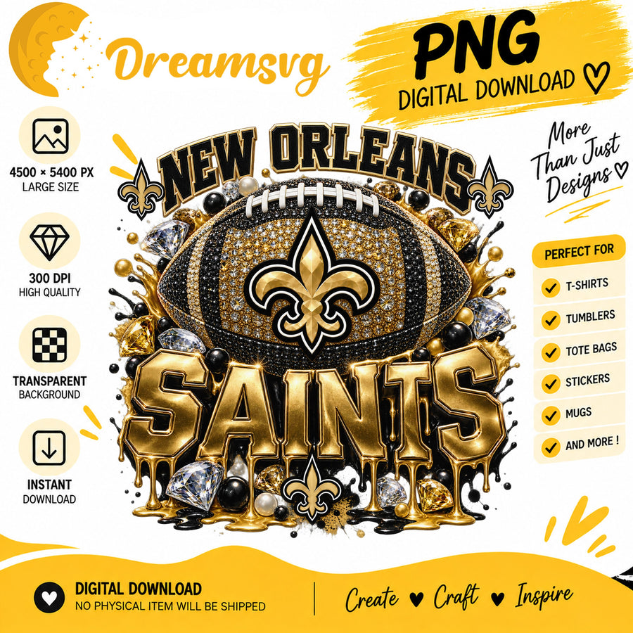 New Orleans Saints Bling Glitter Football Sublimation PNG