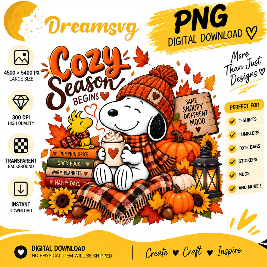Snoopy Cozy Season PNG, Woodstock Hot Cocoa PNG, Snoopy Fall Books PNG