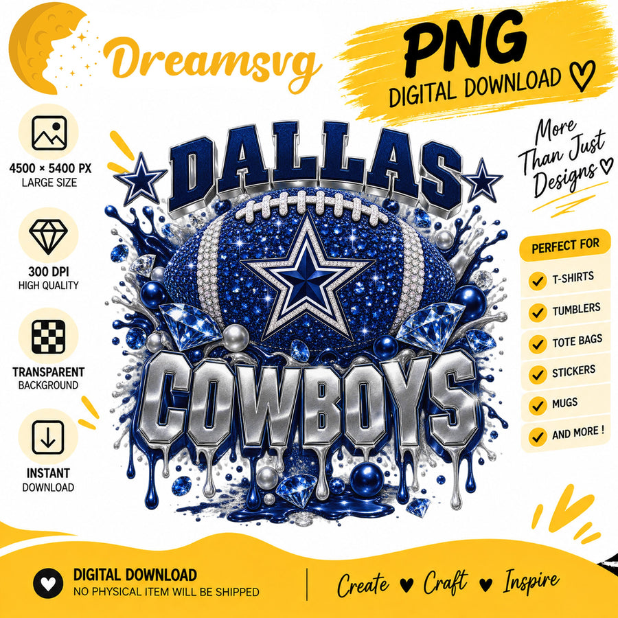 Dallas Cowboys Bling Glitter Football Sublimation PNG