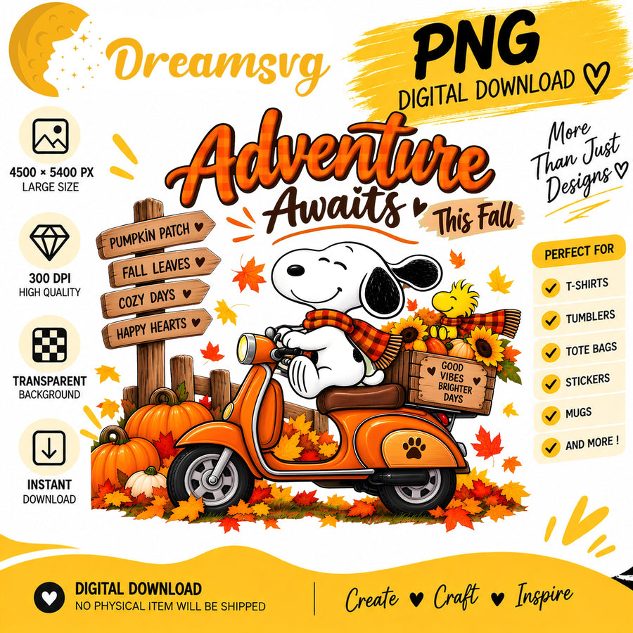 Snoopy Adventure PNG, Woodstock Scooter PNG, Fall Pumpkin Patch PNG
