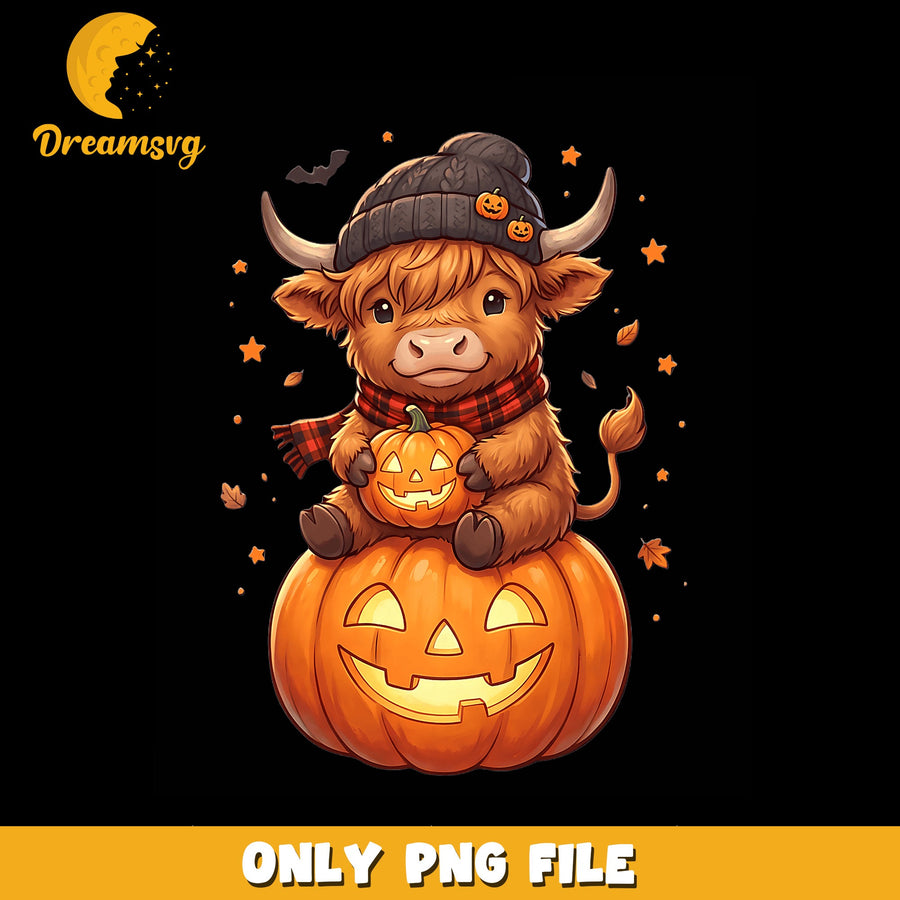 Highland Cow Halloween Pumpkin Beanie PNG, Cute Cow, Spooky PNG