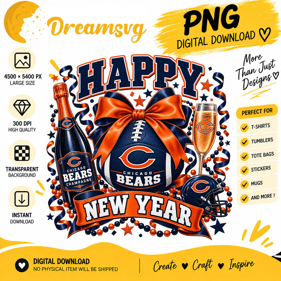 Chicago Bears Happy New Year PNG, Football Champagne Clipart