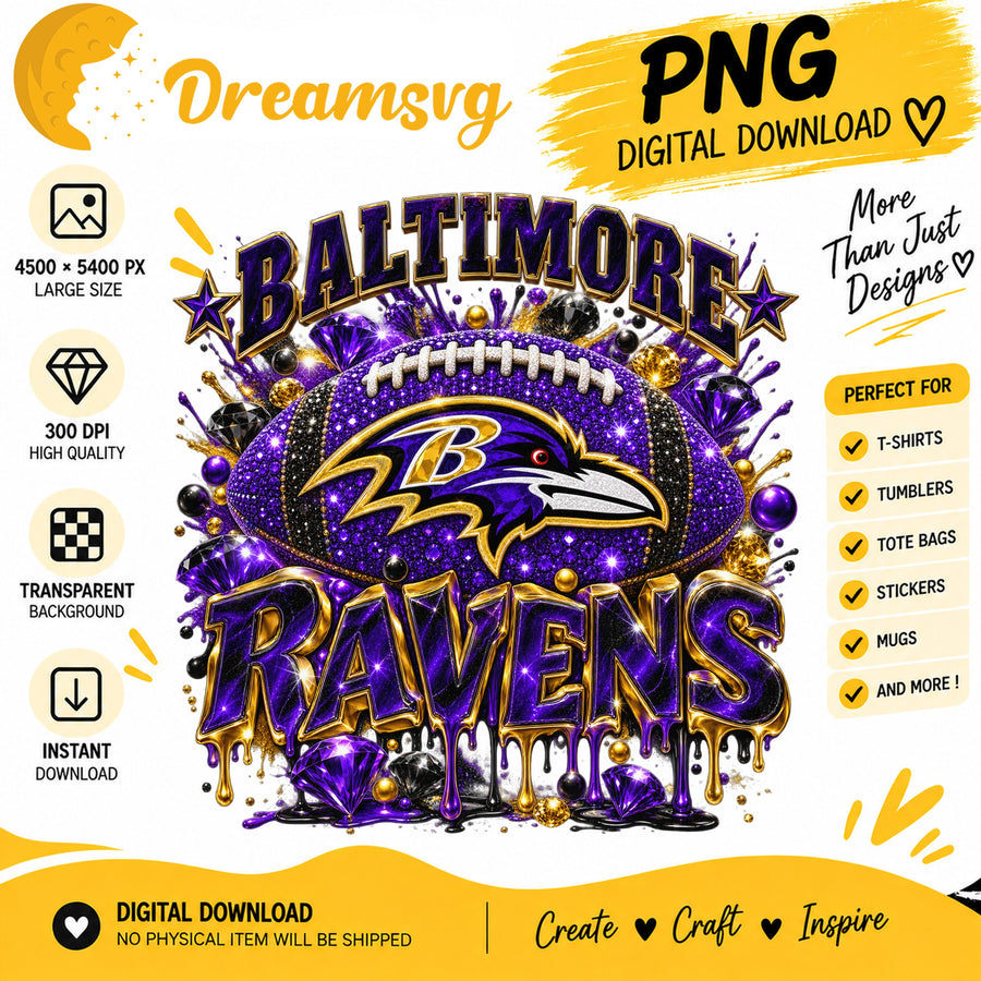 Baltimore Ravens Bling Glitter Football Sublimation PNG