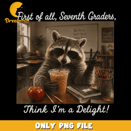 Funny Raccoon Teacher Iced Coffee Seventh Grade PNG, Cool Raccoon