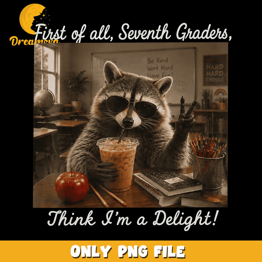 Funny Raccoon Teacher Iced Coffee Seventh Grade PNG, Cool Raccoon