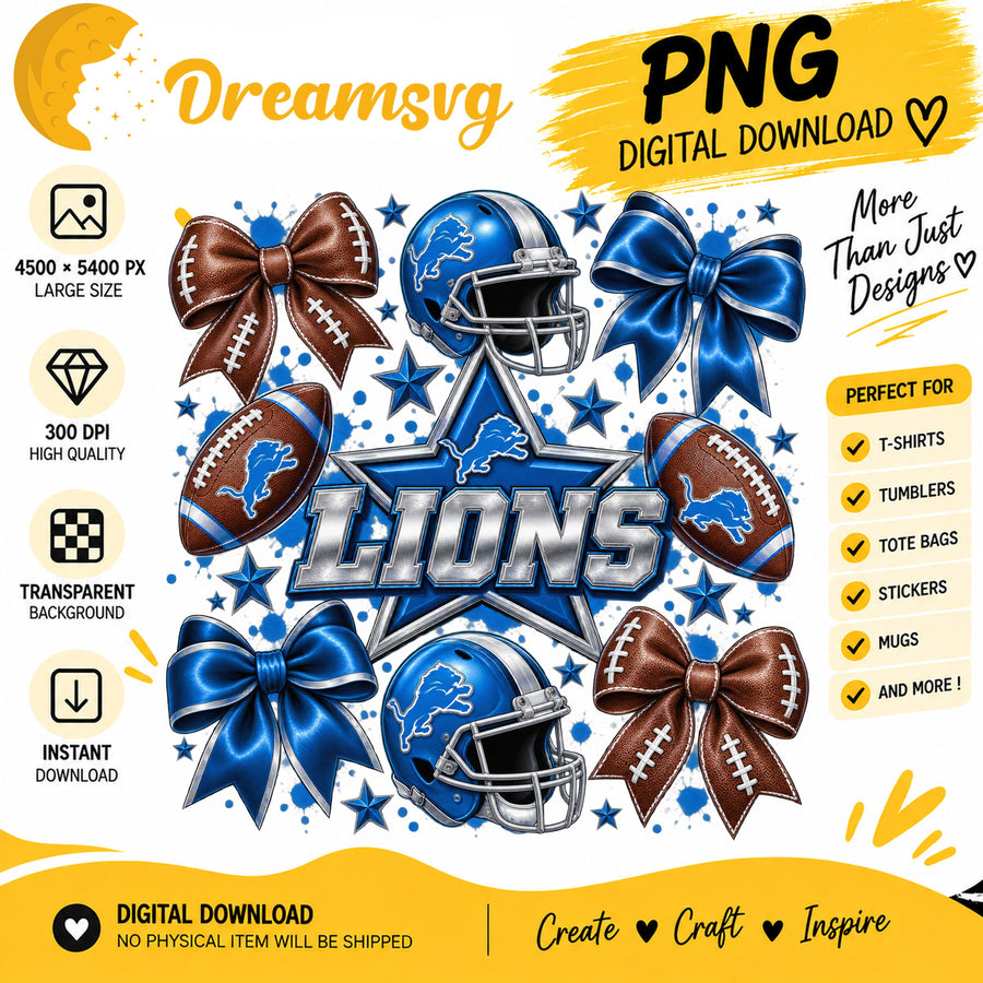 Detroit Lions Coquette Bow Football Helmet Stars PNG
