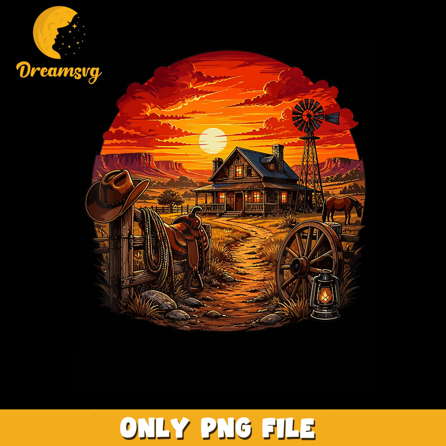 Western Ranch Sunset Cowboy Hat Saddle PNG, Wild West Farm, Rustic PNG