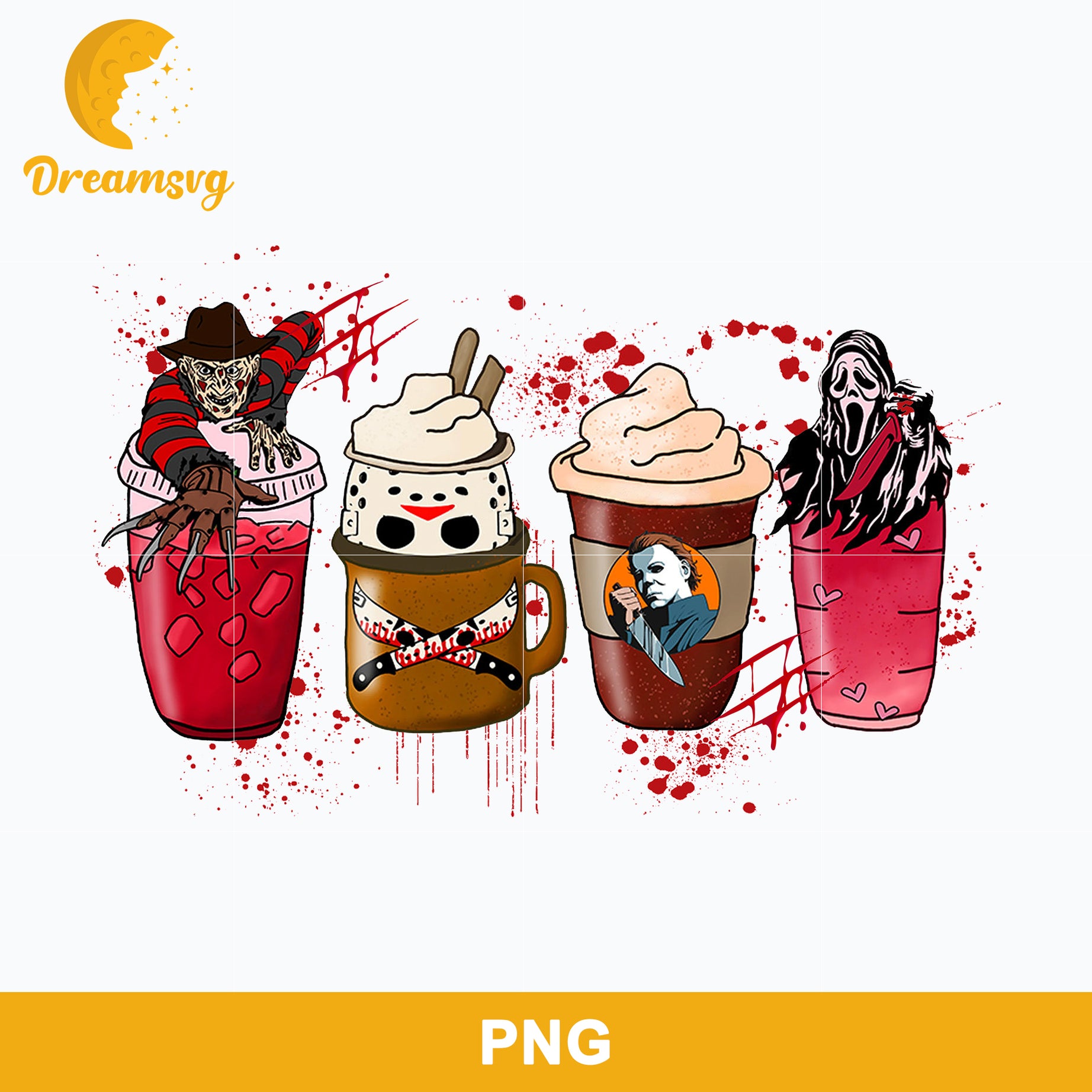 Horror Fall Halloween Coffee Png, Scary Movie Halloween Horror Killers Iced Coffee Png, Horror Halloween Coffee Png