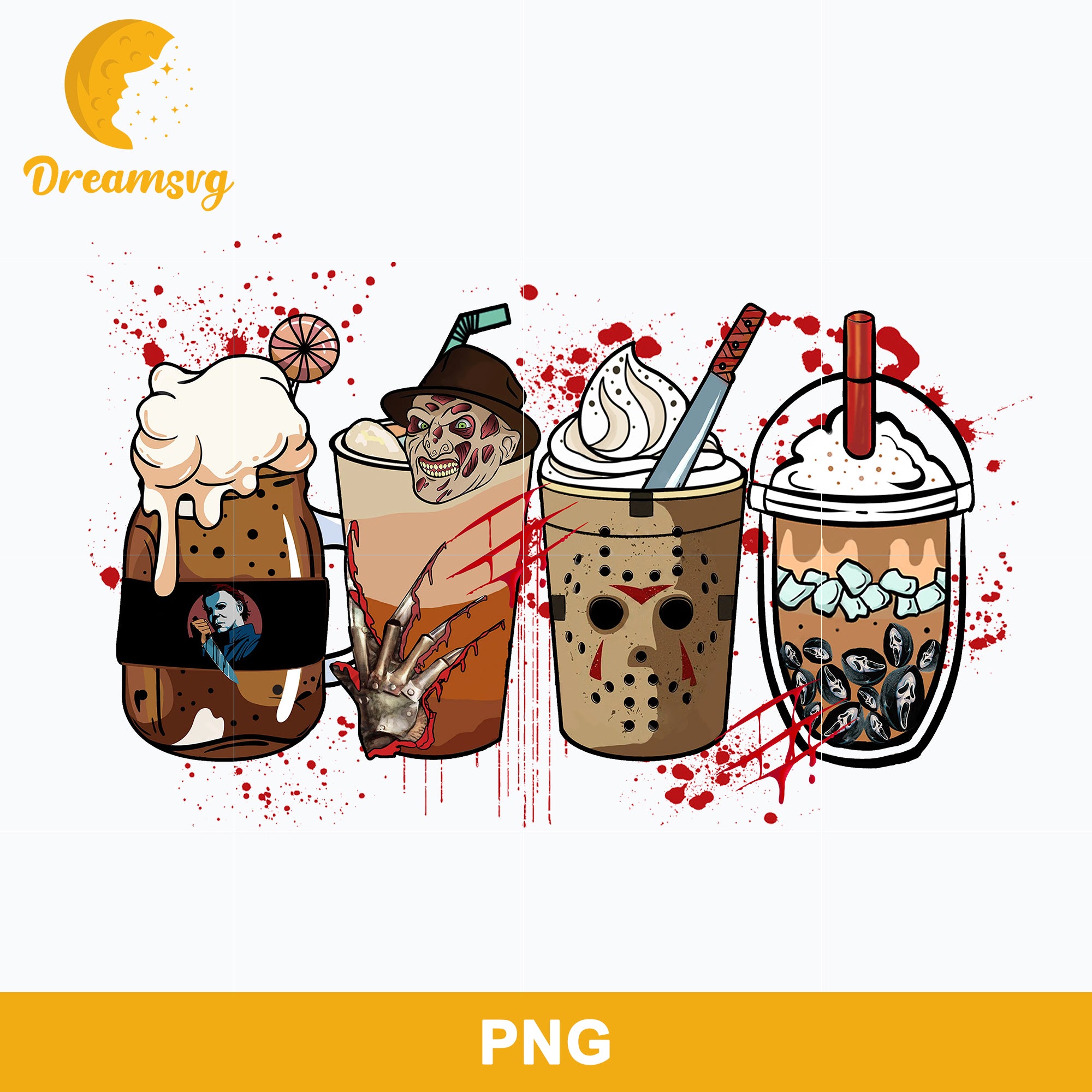 Horror Fall Halloween Coffee Png, Scary Movie Halloween Horror Killers Iced Coffee Png, Horror Halloween Coffee Png