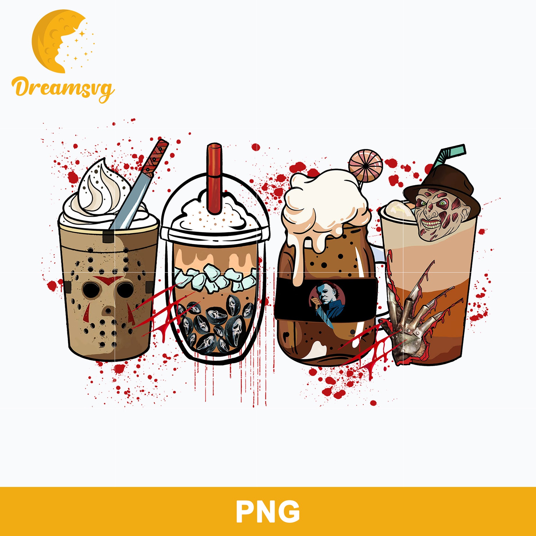 Horror Fall Halloween Coffee Png, Scary Movie Halloween Horror Killers Iced Coffee Png, Horror Halloween Coffee Png