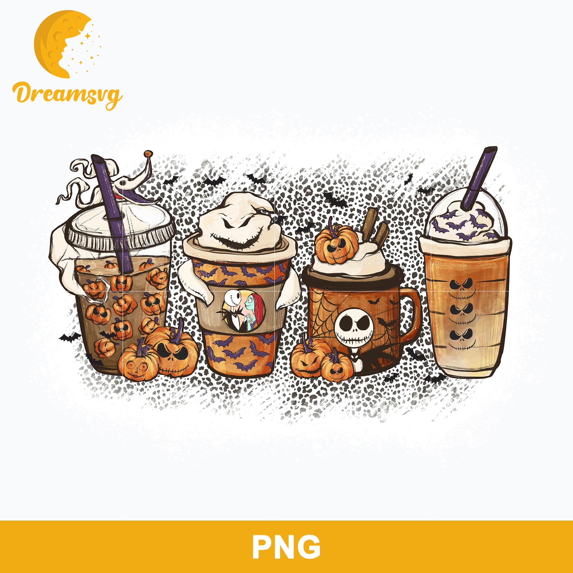 Jack Skellington Coffee Latte Png, Iced Coffee Cheetah Leopard Png, Halloween Coffee Png Sublimation.