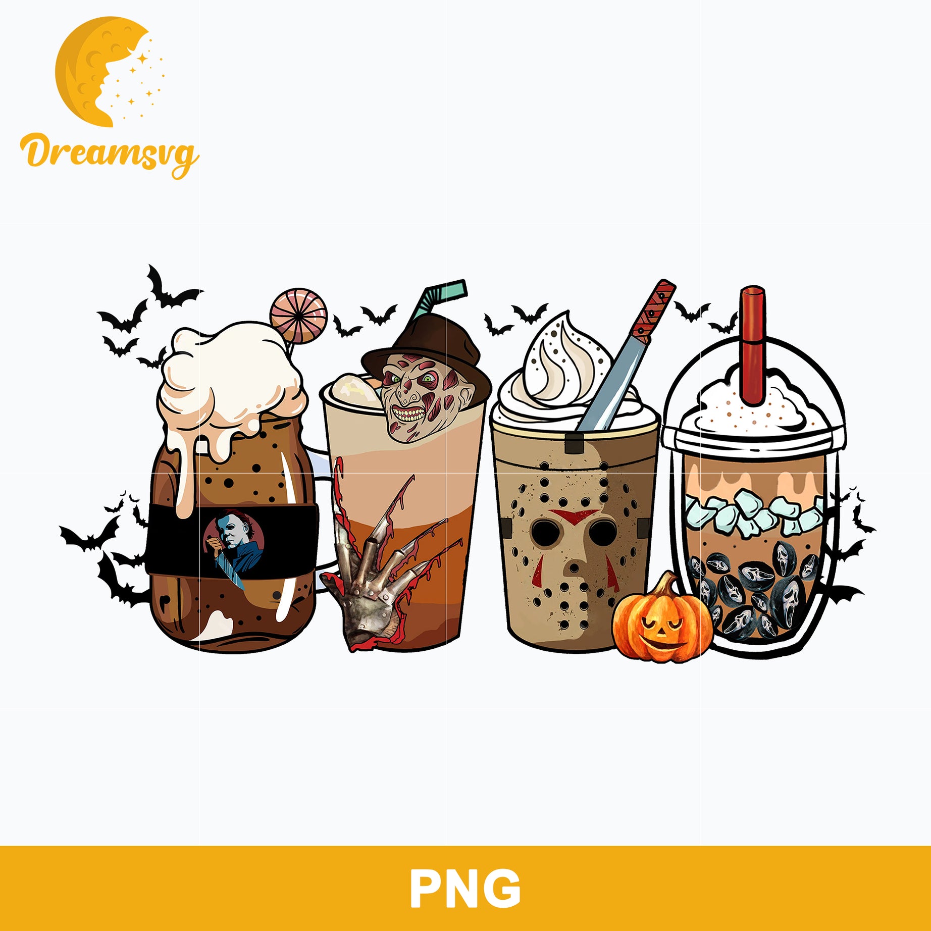 Horror Fall Halloween Coffee Png, Scary Movie Halloween Horror Killers Iced Coffee Png, Horror Halloween Coffee Png