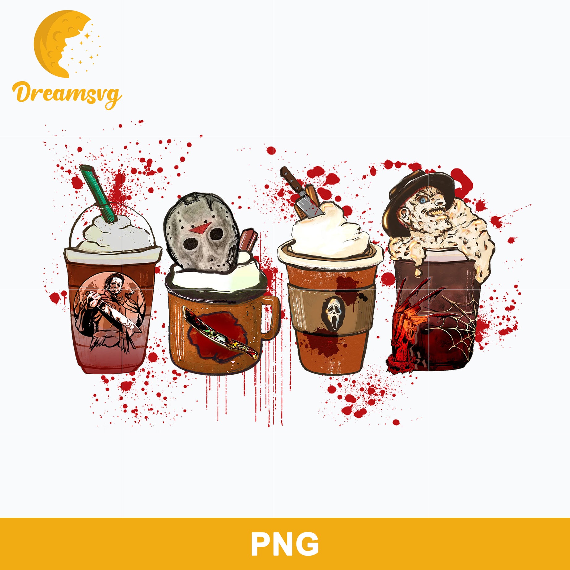 Horror Fall Halloween Coffee Png, Scary Movie Halloween Horror Killers Iced Coffee Png, Horror Halloween Coffee Png