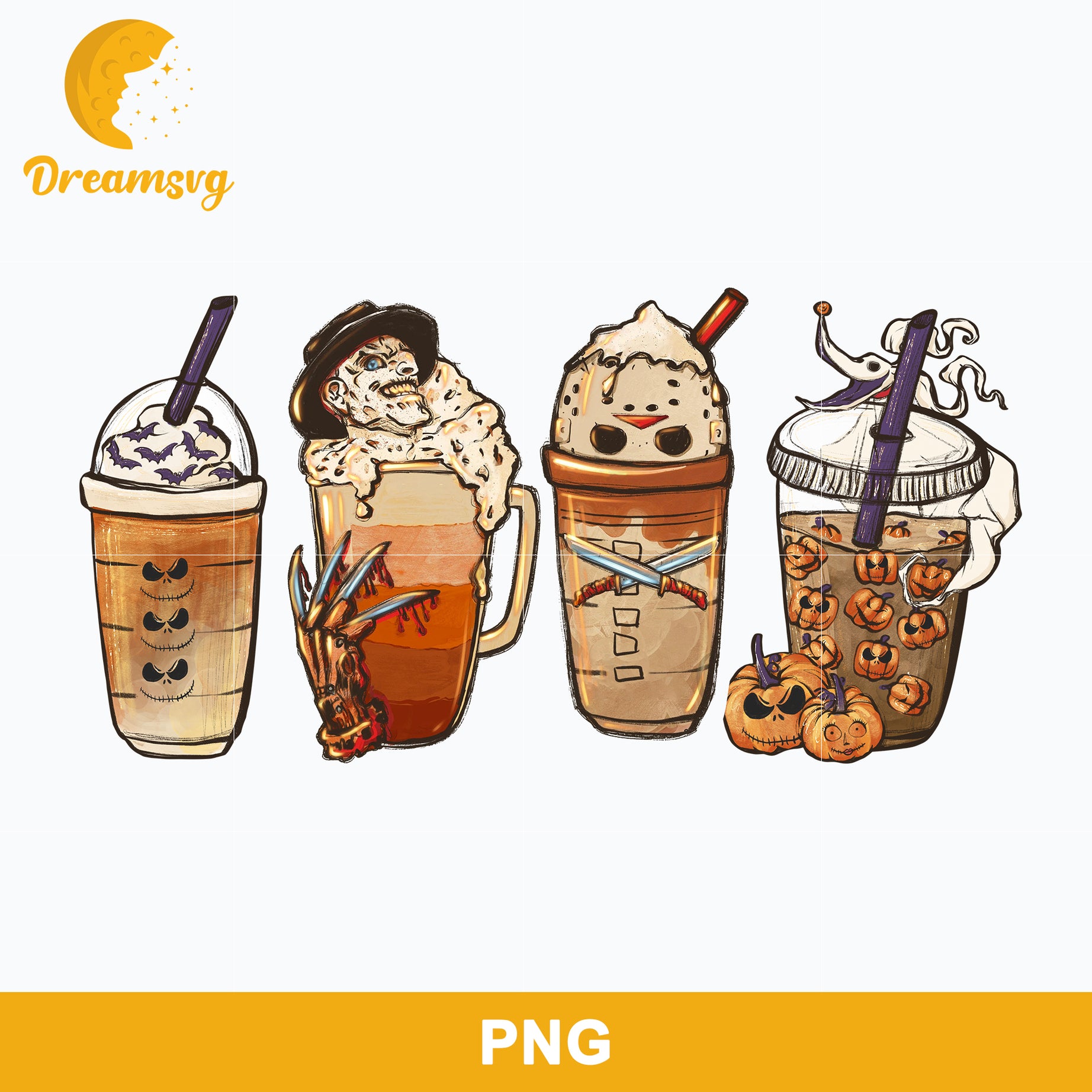 Horror Fall Coffee Pumpkin Spice Latte Png, Ghost Fall Coffee Png, Friends Horror Characters Png, Halloween Pumpkin Spice Png, Halloween Coffee Png Sublimation.