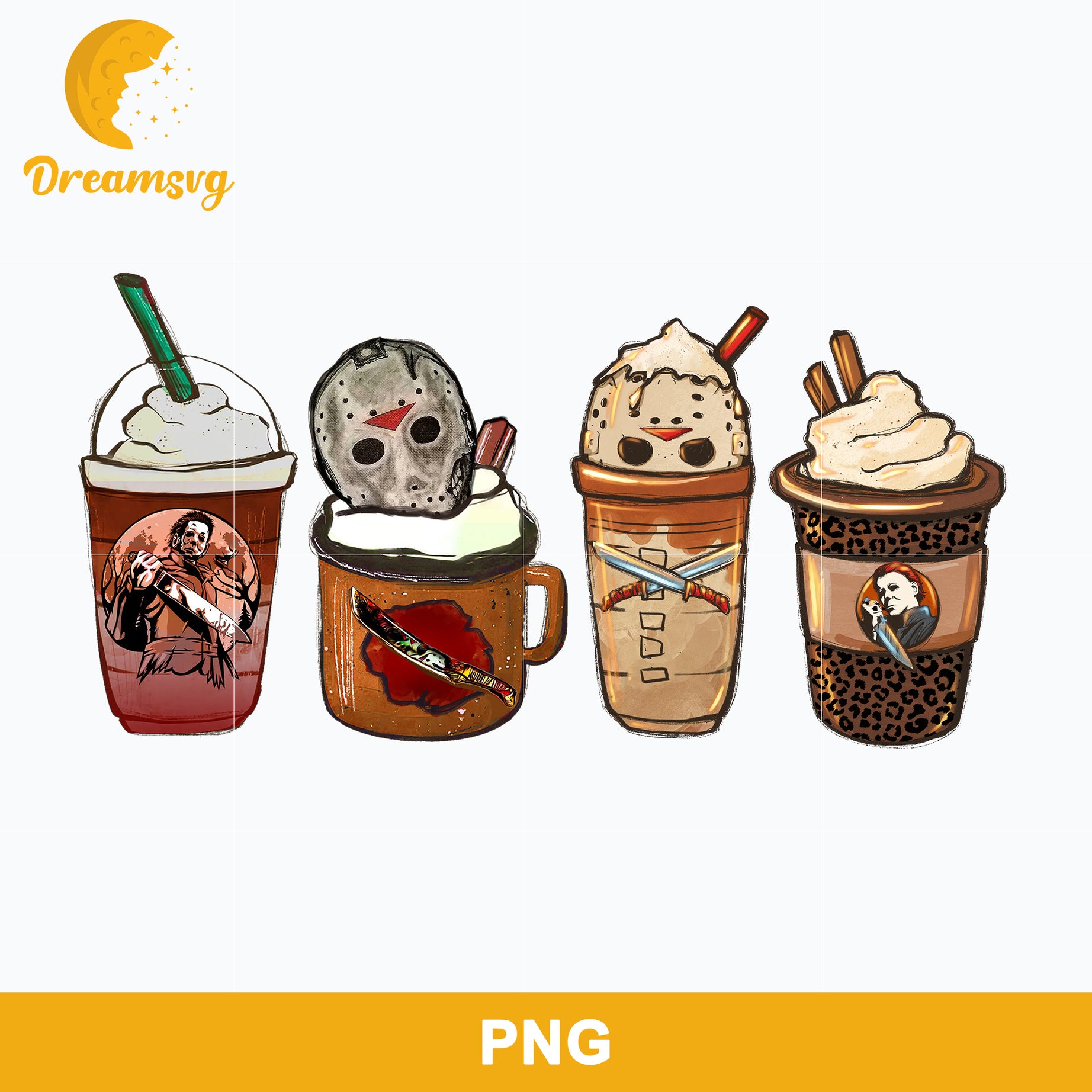 Horror Fall Halloween Coffee Png, Scary Movie Halloween Horror Killers Iced Coffee Png, Horror Halloween Coffee Png