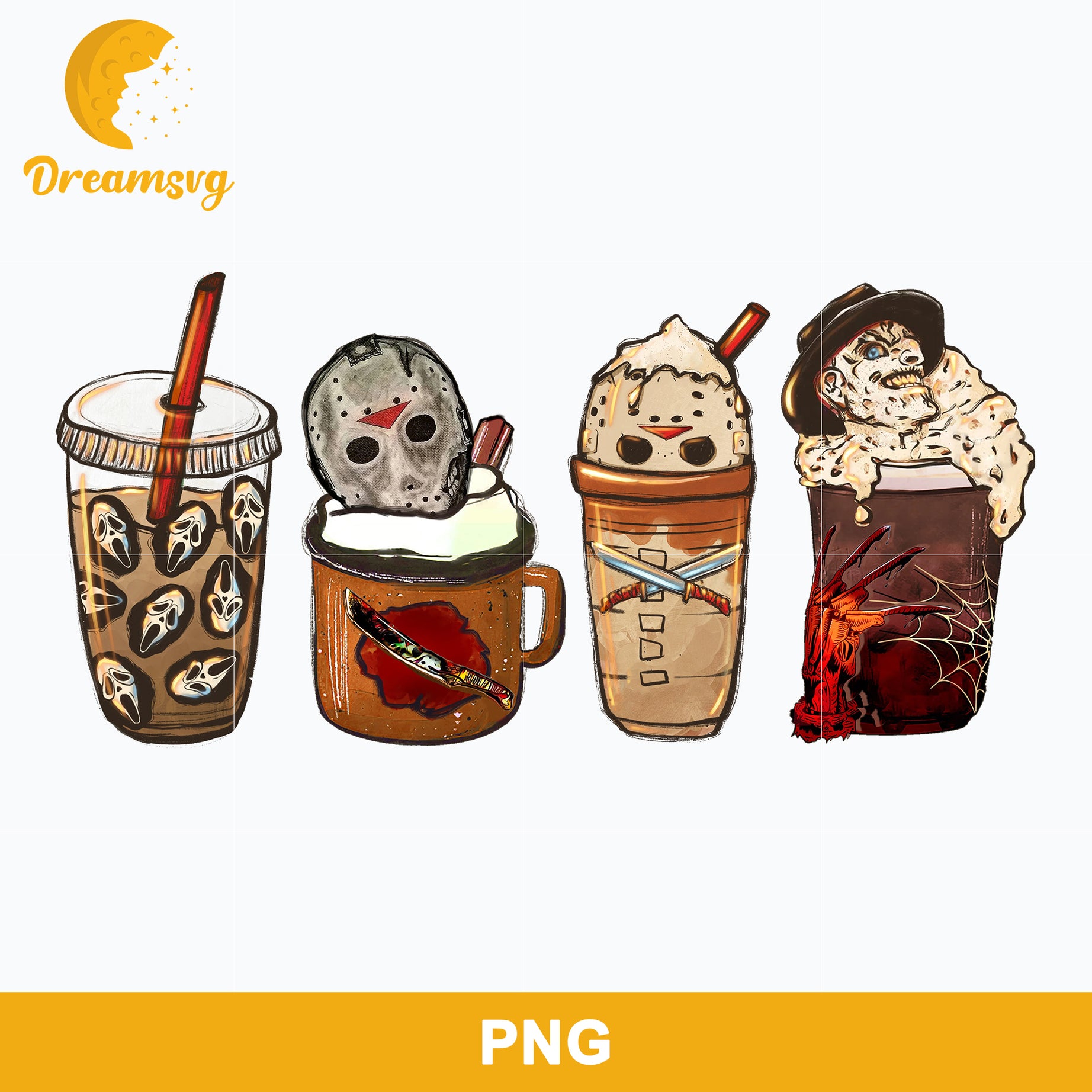 Horror Fall Halloween Coffee Png, Scary Movie Halloween Horror Killers Iced Coffee Png, Horror Halloween Coffee Png