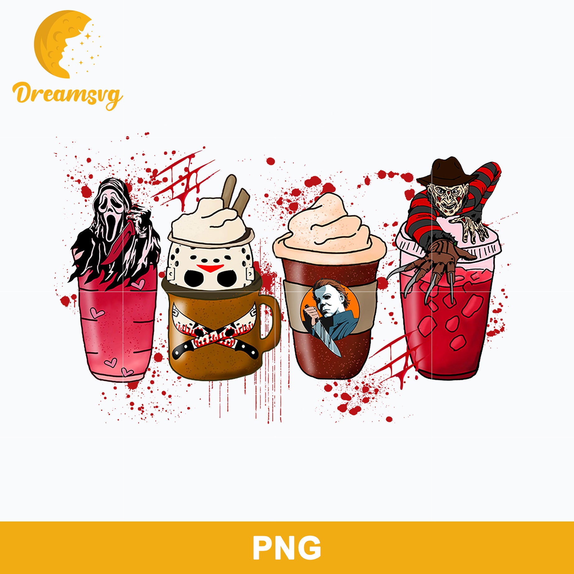 Horror Fall Halloween Coffee Png, Scary Movie Halloween Horror Killers Iced Coffee Png, Horror Halloween Coffee Png
