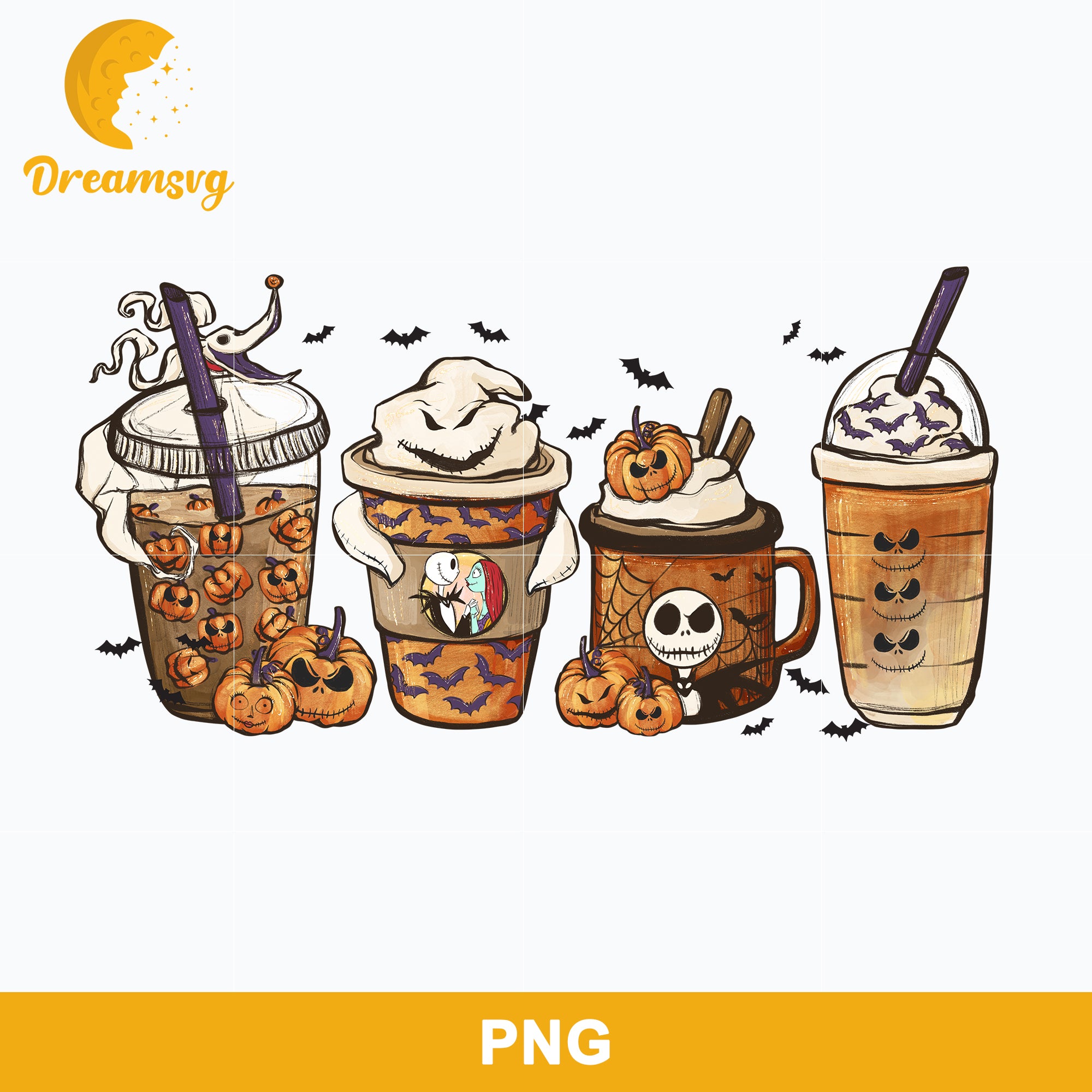 Jack Skellington Coffee Latte Png, Iced Coffee Cheetah Leopard Png, Halloween Coffee Png Sublimation.