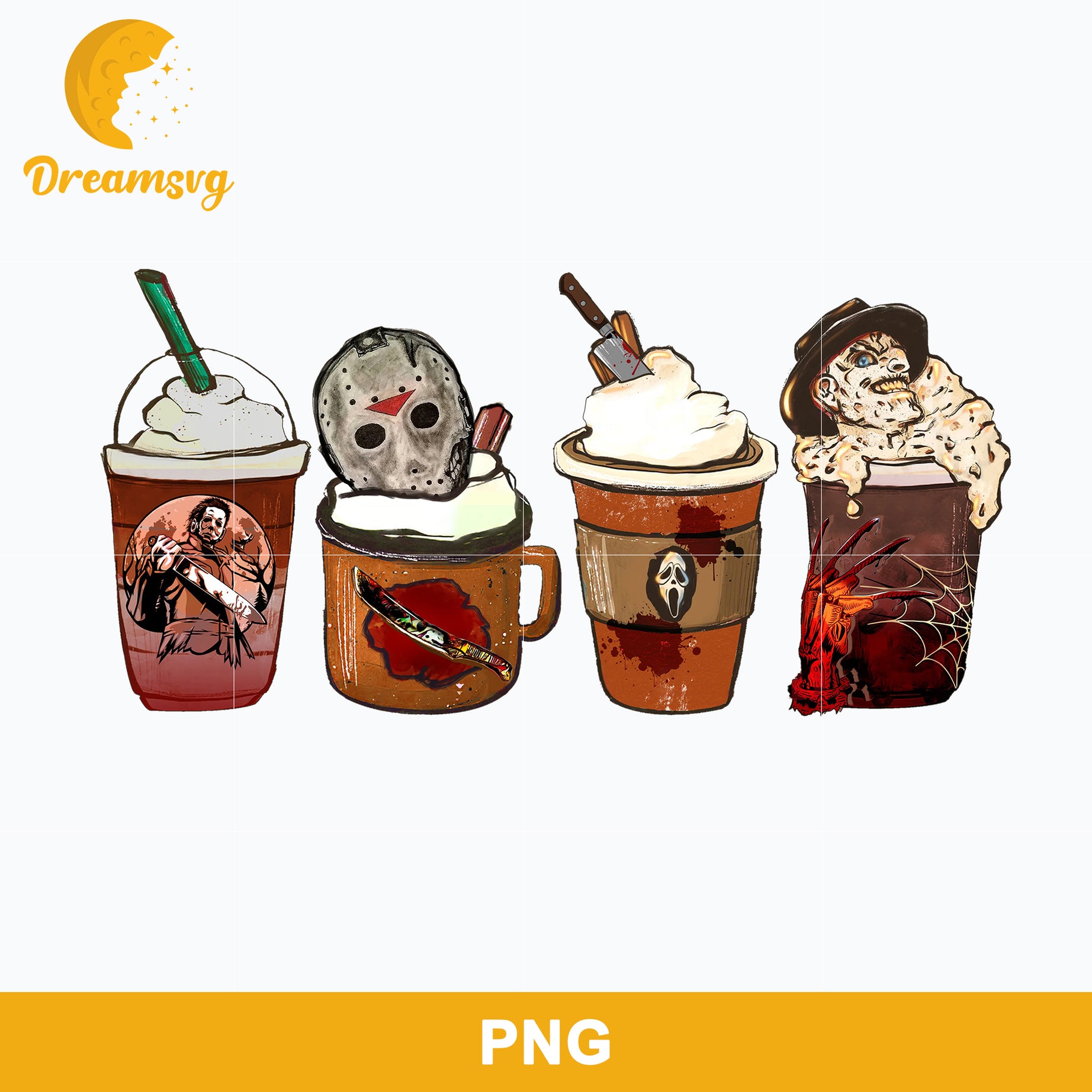Horror Fall Halloween Coffee Png, Scary Movie Halloween Horror Killers Iced Coffee Png, Horror Halloween Coffee Png