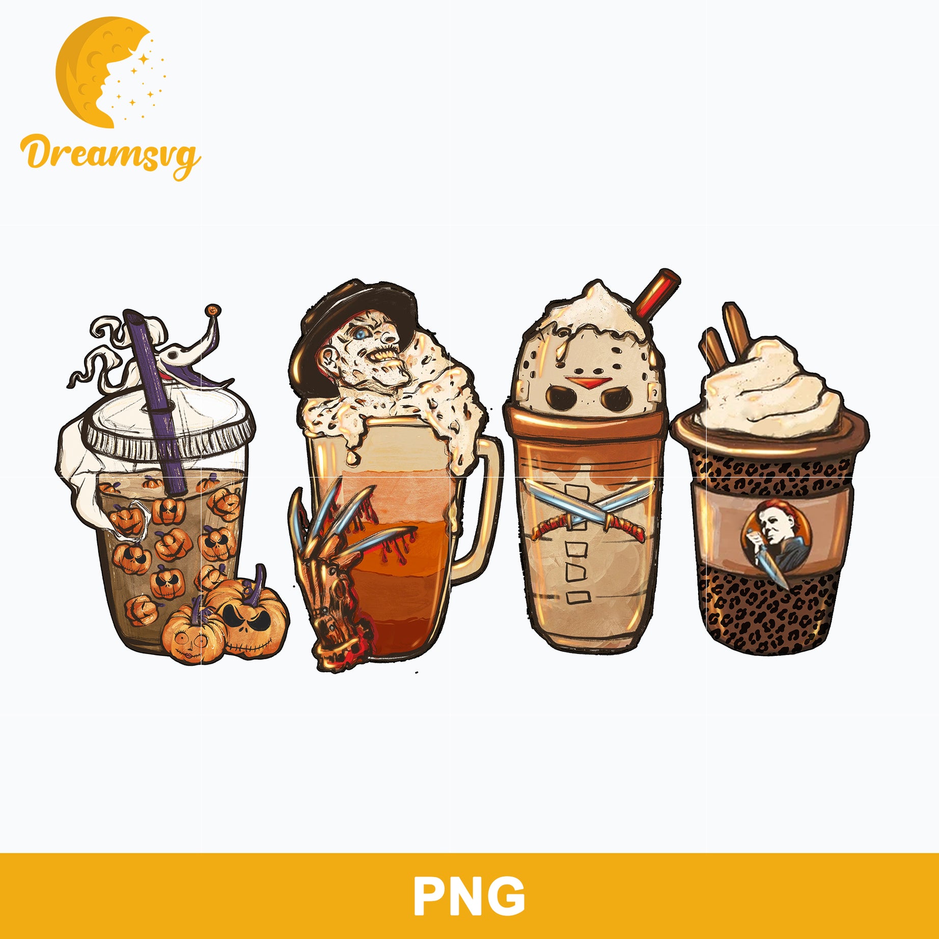 Horror Fall Coffee Pumpkin Spice Latte Png, Ghost Fall Coffee Png, Friends Horror Characters Png, Halloween Coffee Png Sublimation.