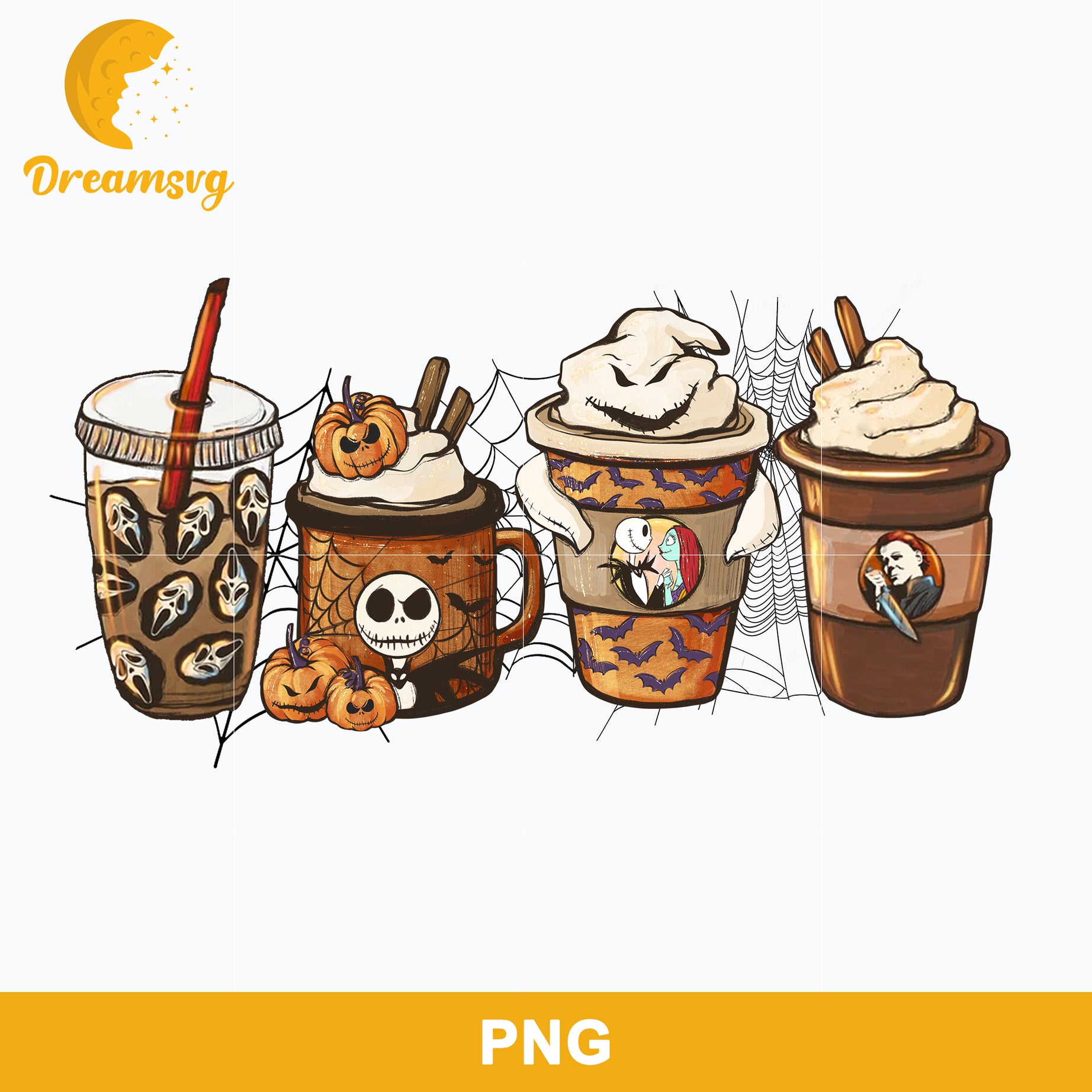 Horror Fall Coffee Pumpkin Spice Latte Png, Ghost Fall Coffee Png, Friends Horror Characters Png, Halloween Coffee Png Sublimation.
