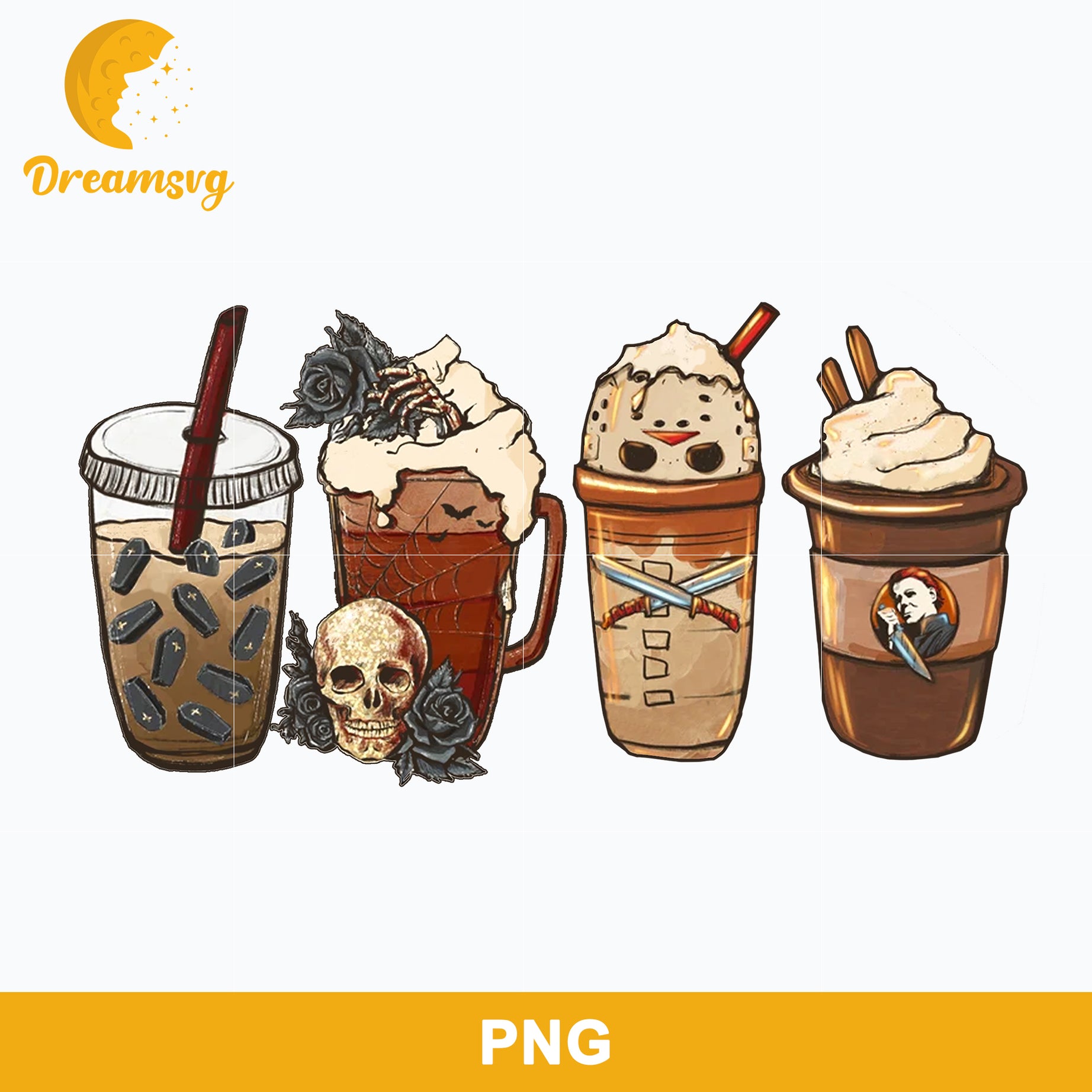 Horror Fall Coffee Pumpkin Spice Latte Png, Ghost Fall Coffee Png, Friends Horror Characters Png, Halloween Coffee Png Sublimation.