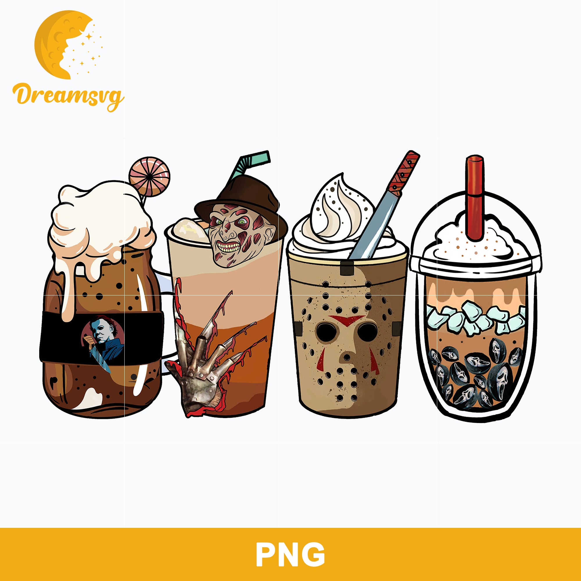 Horror Fall Halloween Coffee Png, Scary Movie Halloween Horror Killers Iced Coffee Png, Horror Halloween Coffee Png