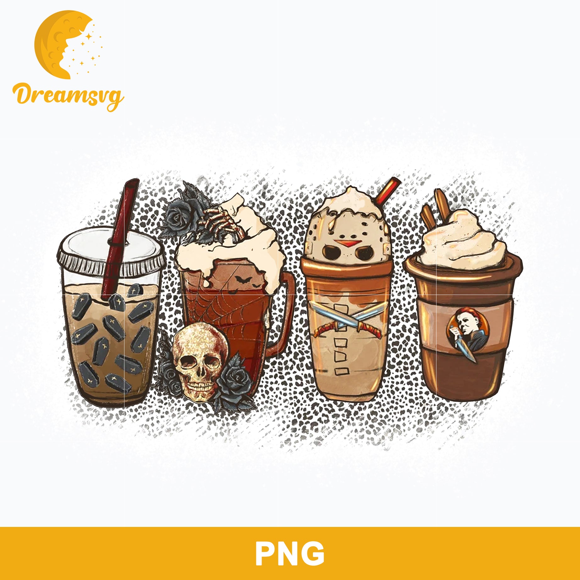 Horror Fall Coffee Pumpkin Spice Latte Png, Ghost Fall Coffee Png, Friends Horror Characters Png, Halloween Coffee Png Sublimation.