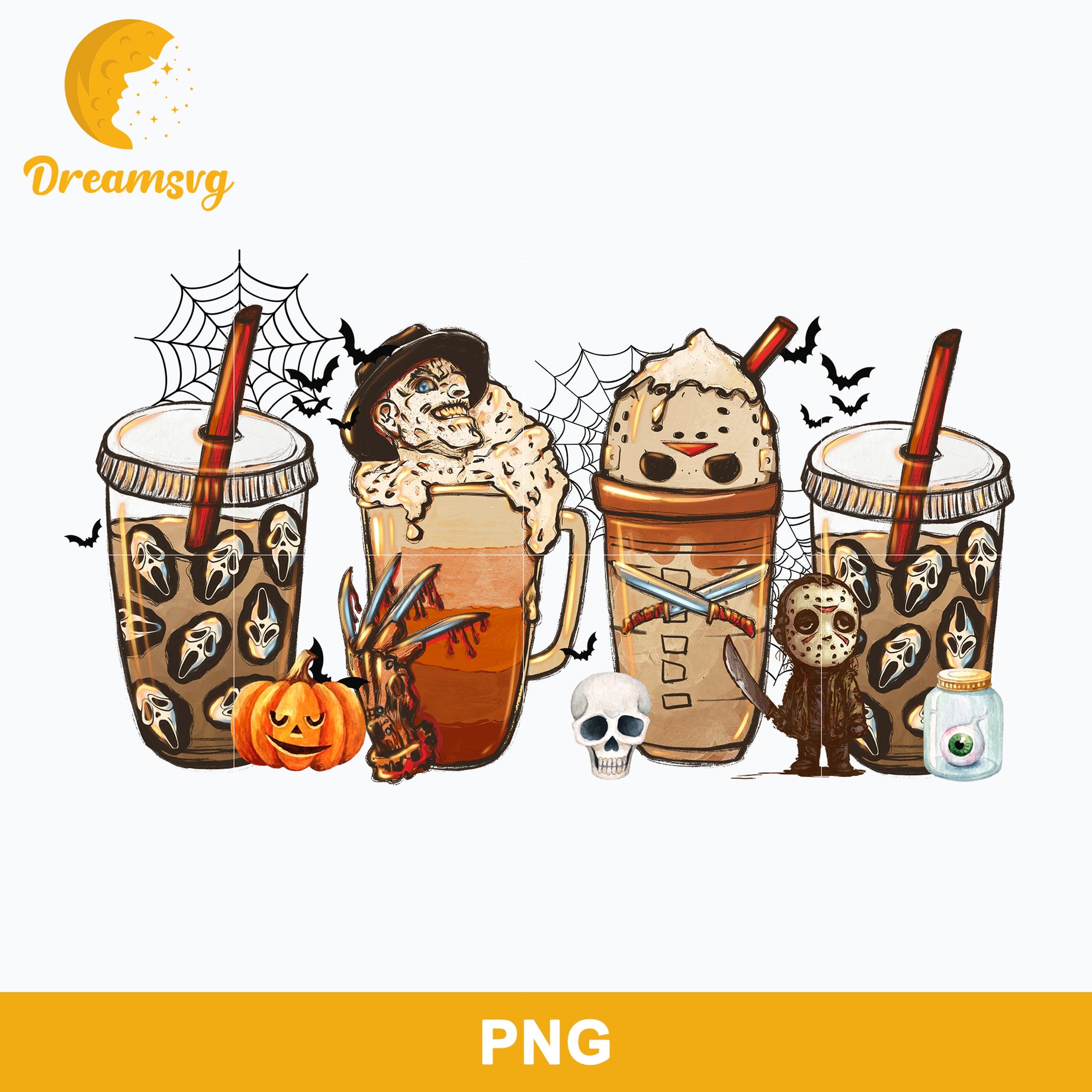 Horror Fall Halloween Coffee Png, Scary Movie Halloween Horror Killers Iced Coffee Png, Horror Halloween Coffee Png