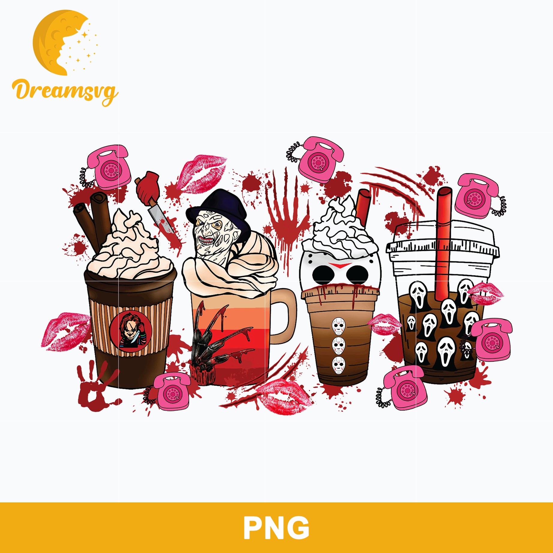 Horror Fall Halloween Coffee Png, Scary Movie Halloween Horror Killers Iced Coffee Png, Horror Halloween Coffee Png