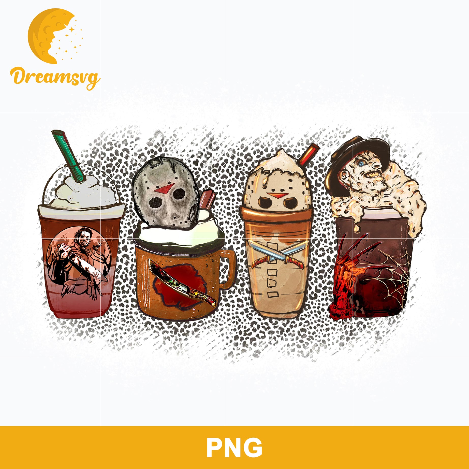 Horror Fall Halloween Coffee Png, Scary Movie Halloween Horror Killers Iced Coffee Png, Horror Halloween Coffee Png