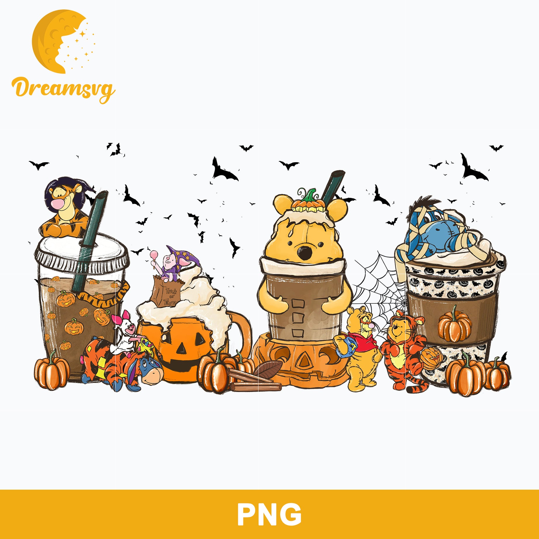 Winne The Pooh Coffee Cups Png, Halloween Coffee Png Digital File.