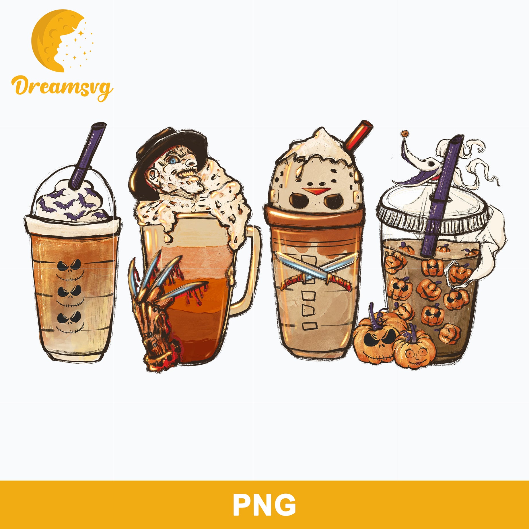 Horror Fall Halloween Coffee Png, Scary Movie Halloween Horror Killers Iced Coffee Png, Horror Halloween Coffee Png