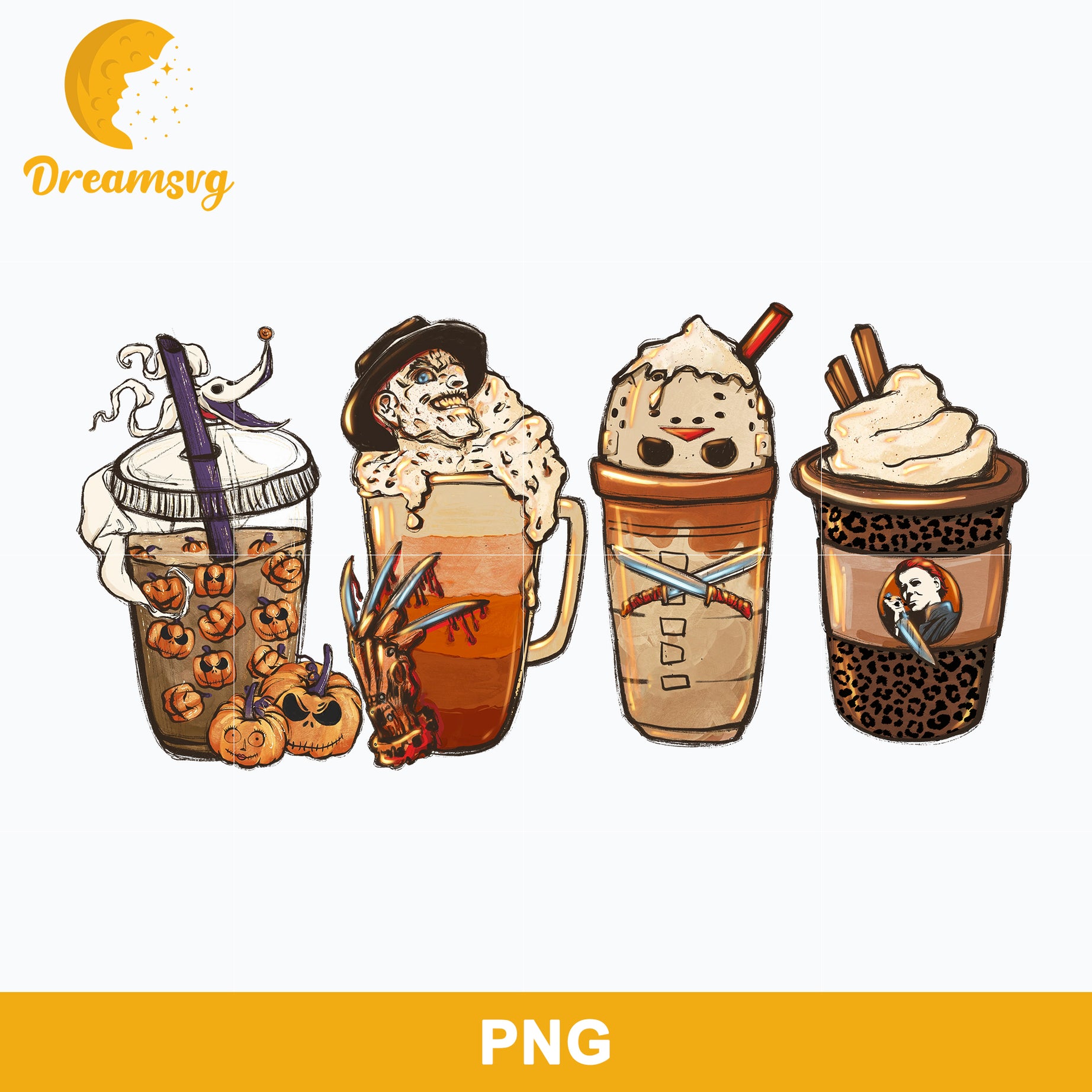 Horror Fall Halloween Coffee Png, Scary Movie Halloween Horror Killers Iced Coffee Png, Horror Halloween Coffee Png