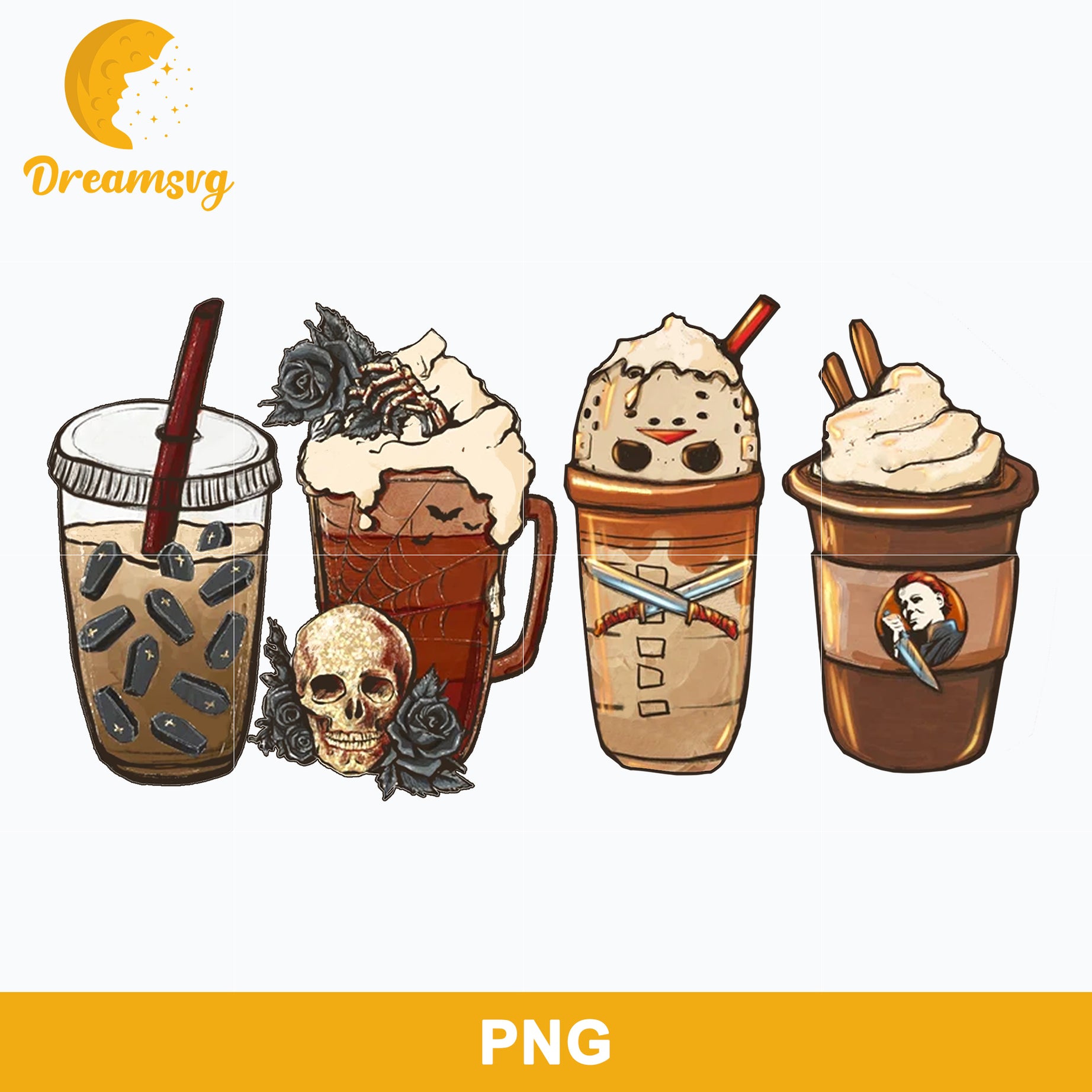 Horror Fall Halloween Coffee Png, Scary Movie Halloween Horror Killers Iced Coffee Png, Horror Halloween Coffee Png