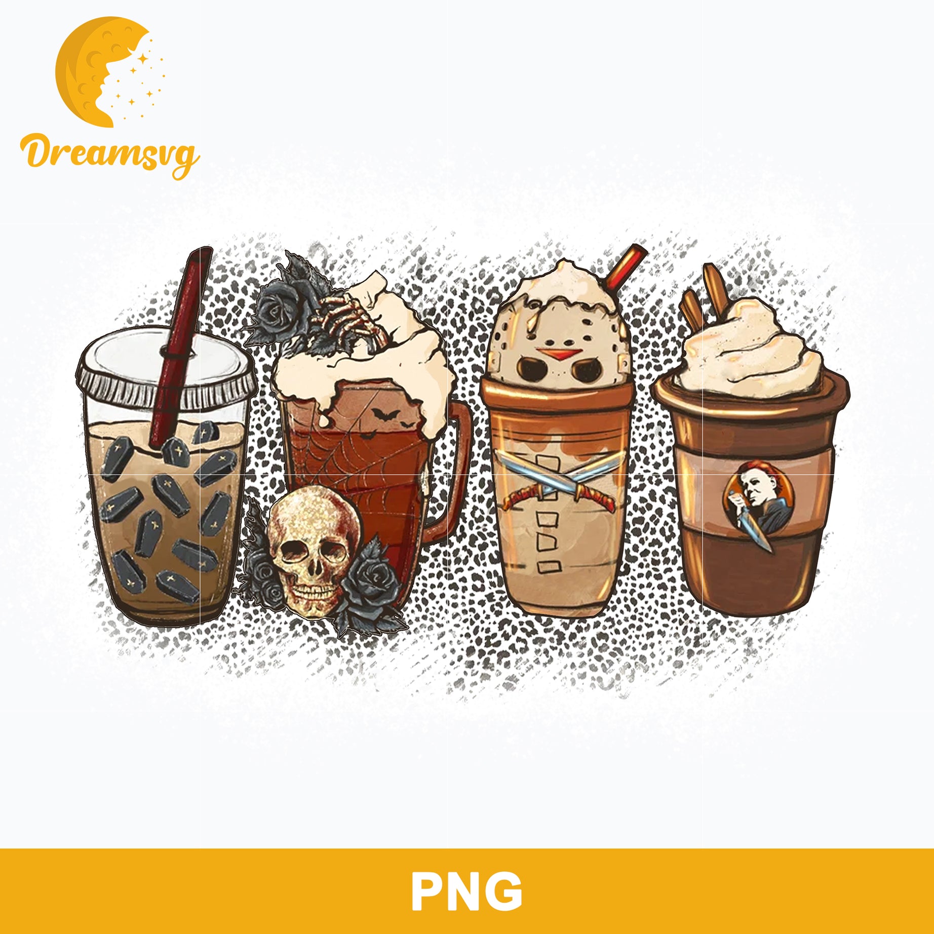 Horror Fall Halloween Coffee Png, Scary Movie Halloween Horror Killers Iced Coffee Png, Horror Halloween Coffee Png