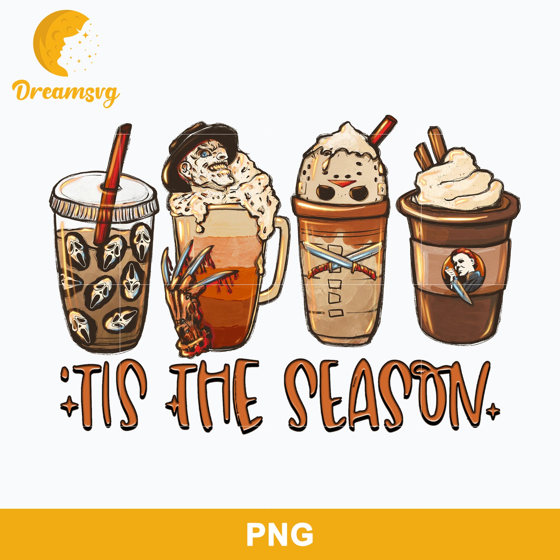Horror Fall Coffee Pumpkin Spice Latte Png, Tis The Season, Friends Horror Characters Png, Halloween Coffee Png Sublimation.