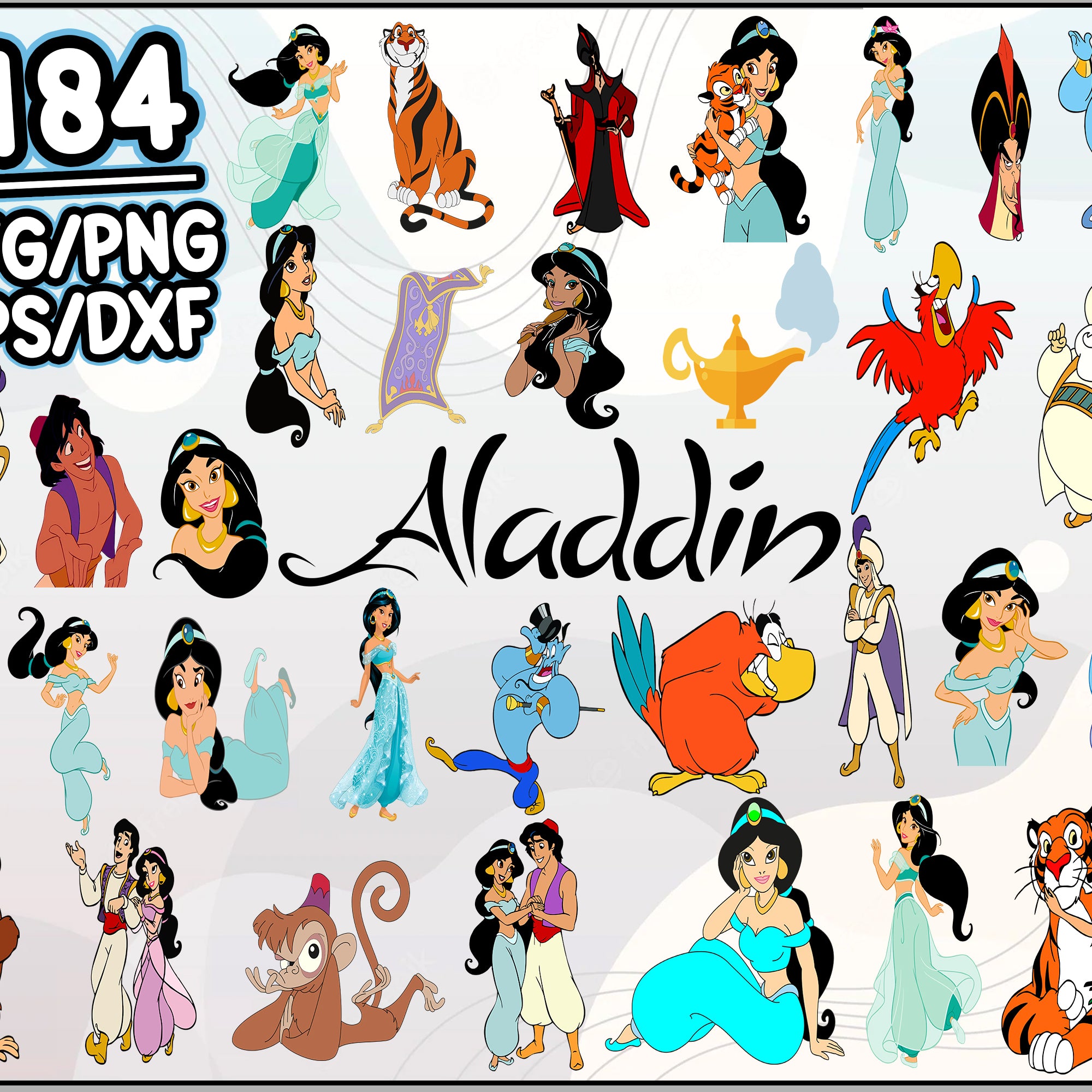184+ Aladdin SVG  Bundle, Genie SVG for Cricut, Jasmine Clipart, Cartoon svg, png, dxf, eps digital file