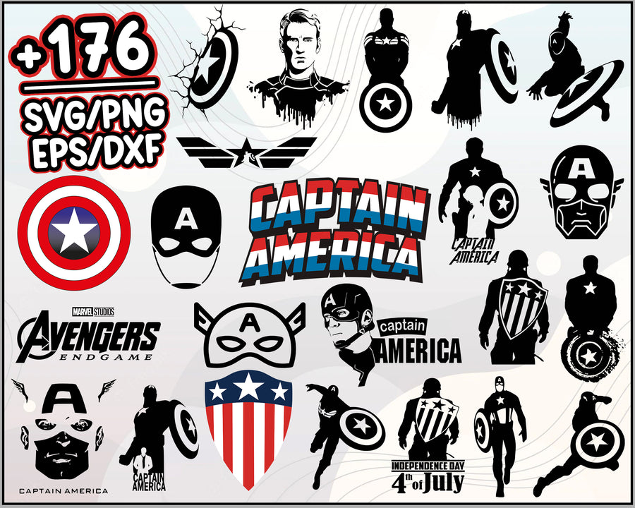 176+ Captain America Bundle SVG, Superhero Clipart Svg Bundle Layered Item, Cartoon svg, png, dxf, eps digital file